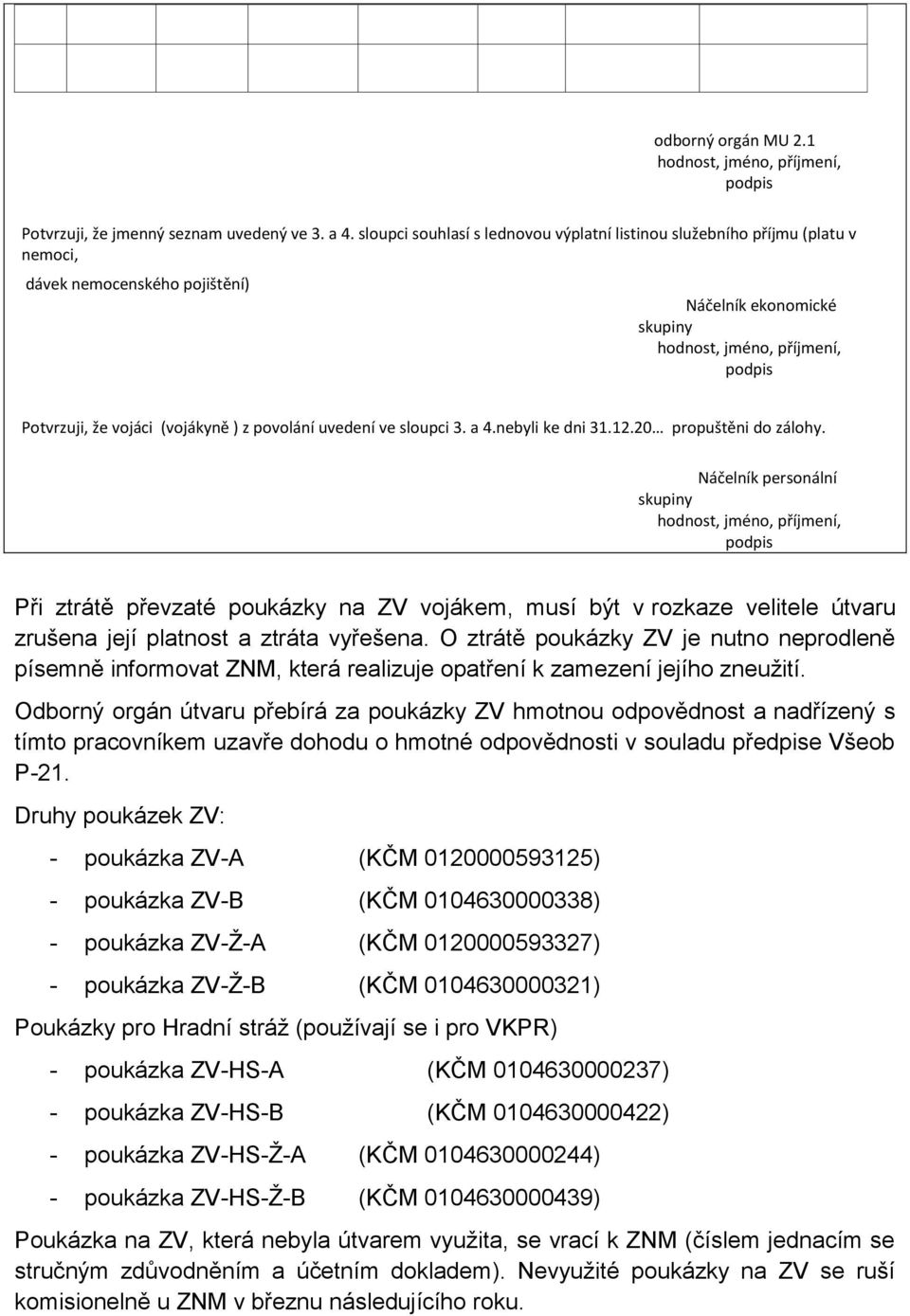 (vojákyně ) z povolání uvedení ve sloupci 3. a 4.nebyli ke dni 3.2.20 popuštěni do zálohy.