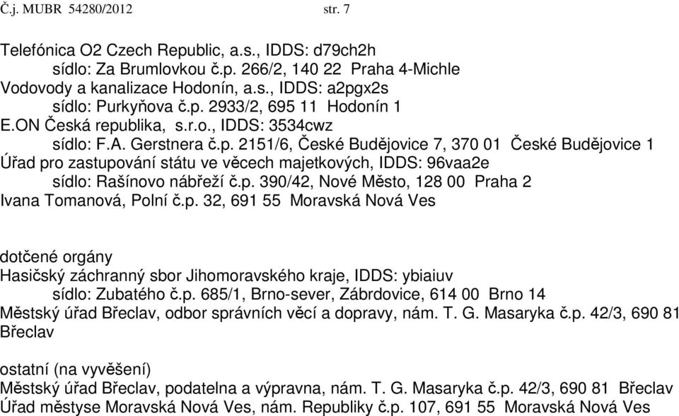 p. 390/42, Nové Město, 128 00 Praha 2 Ivana Tomanová, Polní č.p. 32, 691 55 Moravská Nová Ves dotčené orgány Hasičský záchranný sbor Jihomoravského kraje, IDDS: ybiaiuv sídlo: Zubatého č.p. 685/1, Brno-sever, Zábrdovice, 614 00 Brno 14 Městský úřad Břeclav, odbor správních věcí a dopravy, nám.