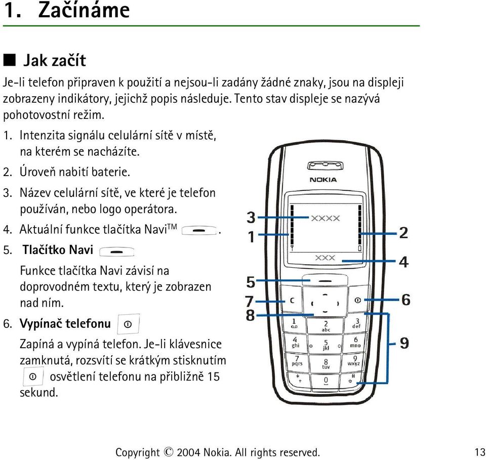 Název celulární sítì, ve které je telefon pou¾íván, nebo logo operátora. 4. Aktuální funkce tlaèítka Navi TM. 5.