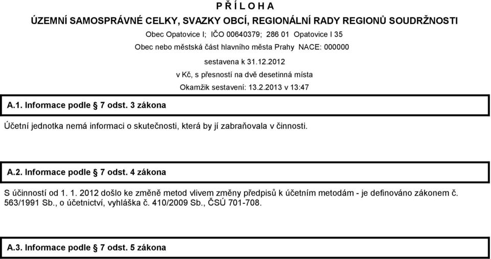 3 zákona Účetní jednotka nemá informaci o skutečnosti, která by jí zabraňovala v činnosti. A.2. Informace podle 7 odst. 4 zákona S účinností od 1.