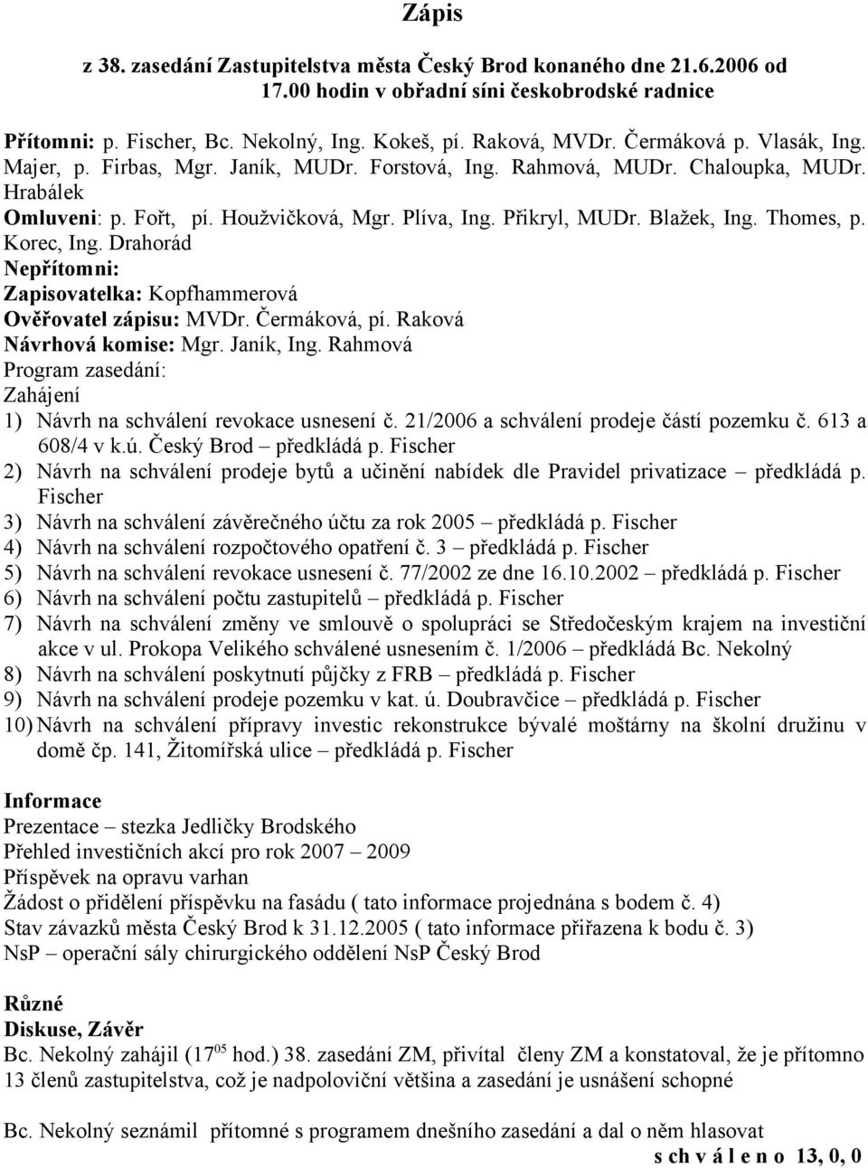 Thomes, p. Korec, Ing. Drahorád Nepřítomni: Zapisovatelka: Kopfhammerová Ověřovatel zápisu: MVDr. Čermáková, pí. Raková Návrhová komise: Mgr. Janík, Ing.