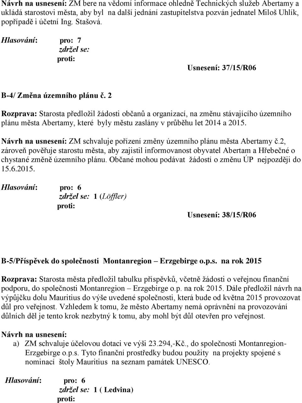 2 Rozprava: Starosta předložil žádosti občanů a organizací, na změnu stávajícího územního plánu města Abertamy, které byly městu zaslány v průběhu let 2014 a 2015.