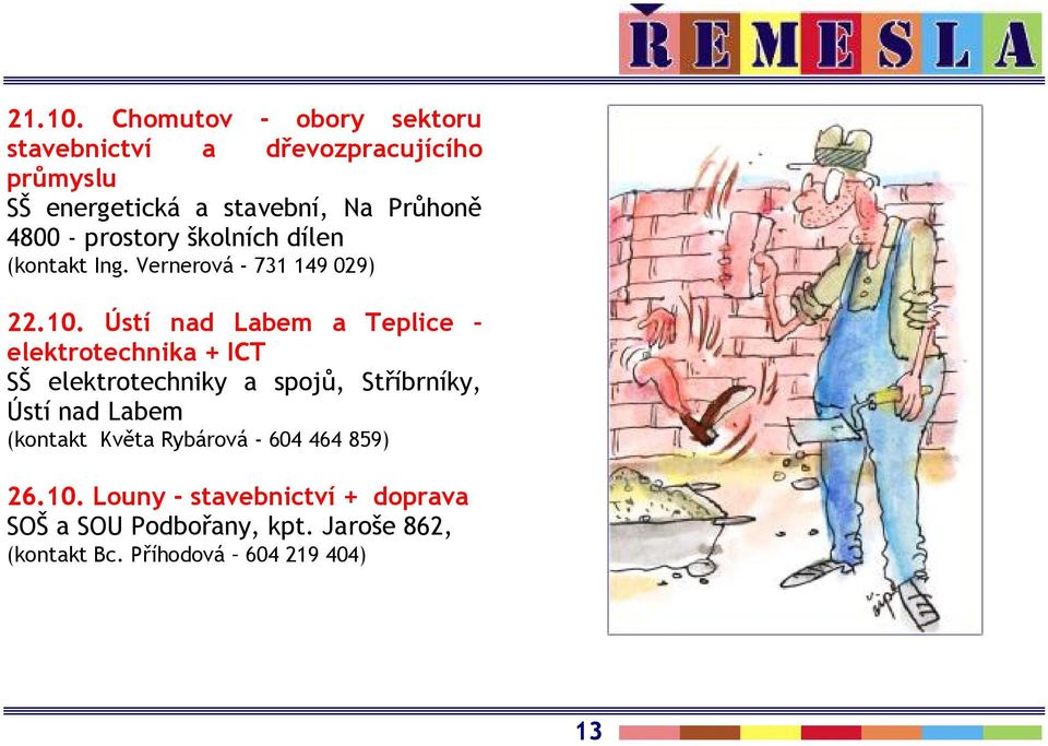 - prostory školních dílen (kontakt Ing. Vernerová - 731 149 029) 22.10.