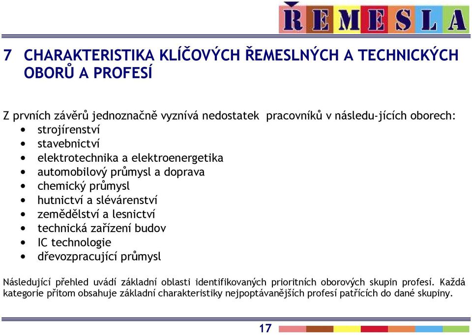 zemědělství a lesnictví technická zařízení budov IC technologie dřevozpracující průmysl Následující přehled uvádí základní oblasti