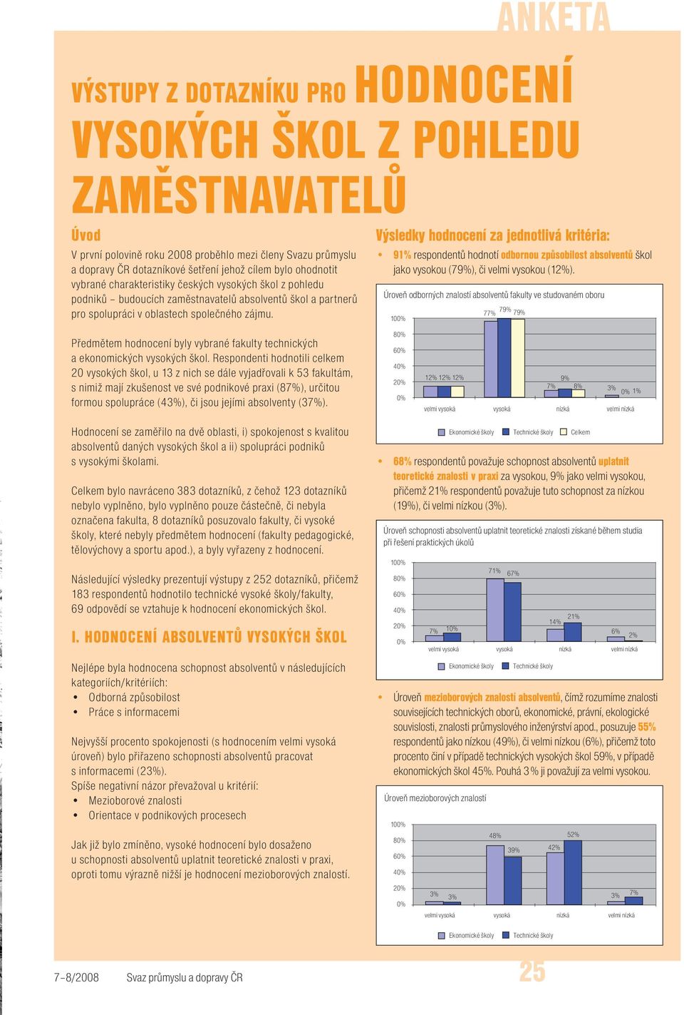 společného zájmu. 9 respondentů hodnotí odbornou způsobilost absolventů škol jako vysokou (79%), či velmi vysokou (). Předmětem hodnocení byly vybrané fakulty technických a ekonomických vysokých škol.