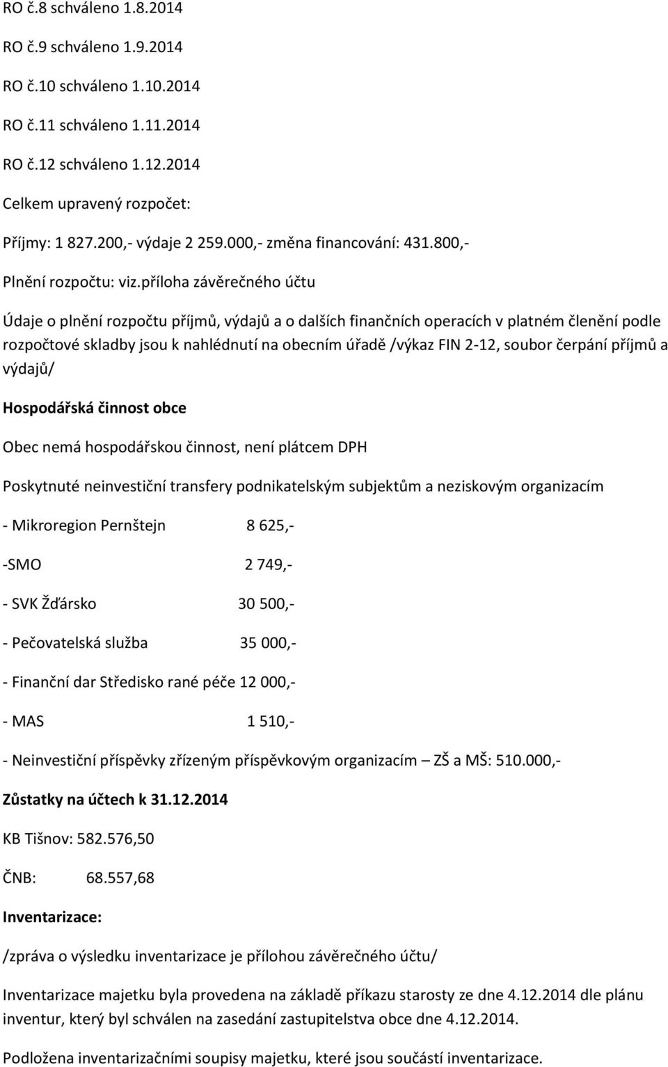 příloha závěrečného účtu Údaje o plnění rozpočtu příjmů, výdajů a o dalších finančních operacích v platném členění podle rozpočtové skladby jsou k nahlédnutí na obecním úřadě /výkaz FIN 2-12, soubor