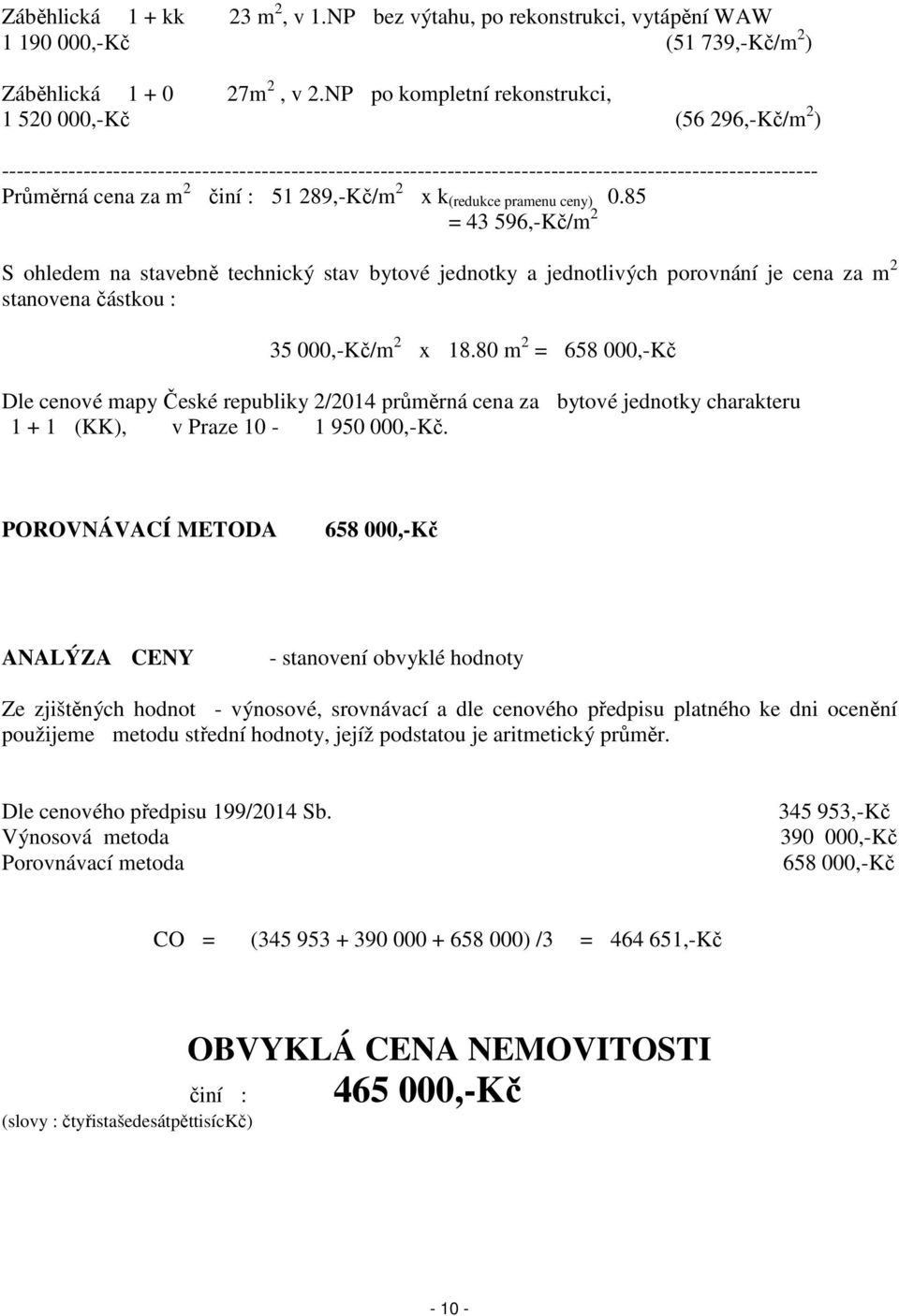 : 51 289,-Kč/m 2 x k (redukce pramenu ceny) 0.85 = 43 596,-Kč/m 2 S ohledem na stavebně technický stav bytové jednotky a jednotlivých porovnání je cena za m 2 stanovena částkou : 35 000,-Kč/m 2 x 18.