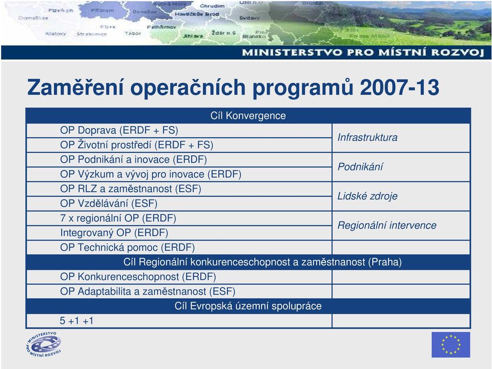 (ESF) 7 x regionální OP (ERDF) Regionální intervence Integrovaný OP (ERDF) OP Technická pomoc (ERDF) Cíl Regionální