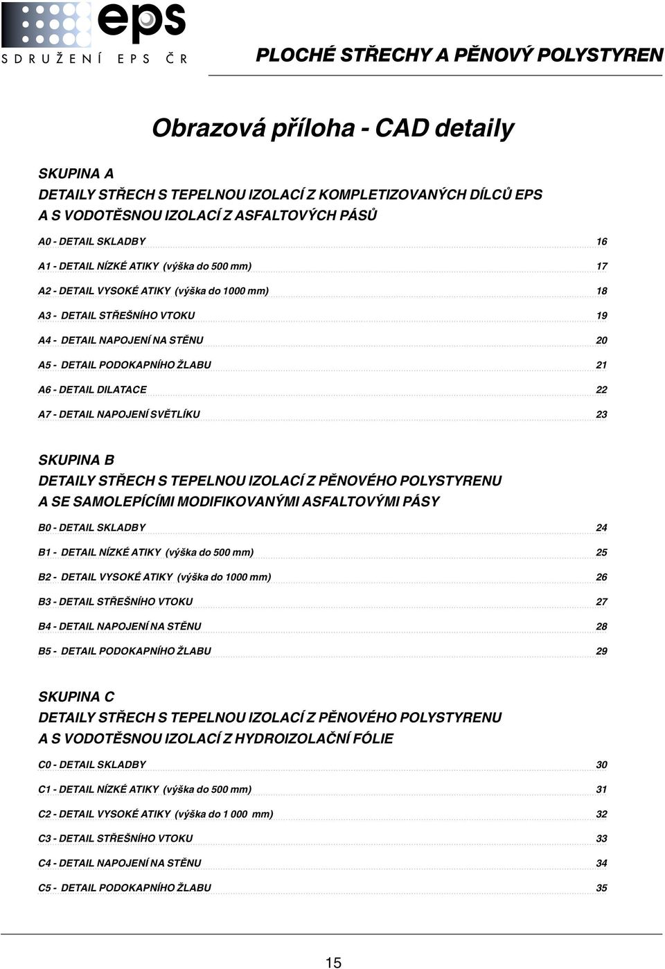 DETAILY ST ECH S TEPELNOU IZOLACÍ Z PùNOVÉHO POLYSTYRENU A SE SAMOLEPÍCÍMI MODIFIKOVAN MI ASFALTOV MI PÁSY B0 - DETAIL SKLADBY B - DETAIL NÍZKÉ ATIKY (v ka do 00 mm) B - DETAIL VYSOKÉ ATIKY (v ka do