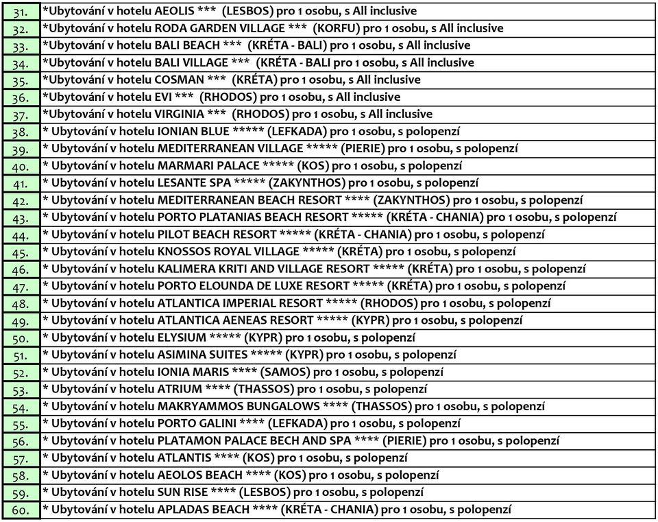 *Ubytování v hotelu COSMAN *** (KRÉTA) pro 1 osobu, s All inclusive 36. *Ubytování v hotelu EVI *** (RHODOS) pro 1 osobu, s All inclusive 37.