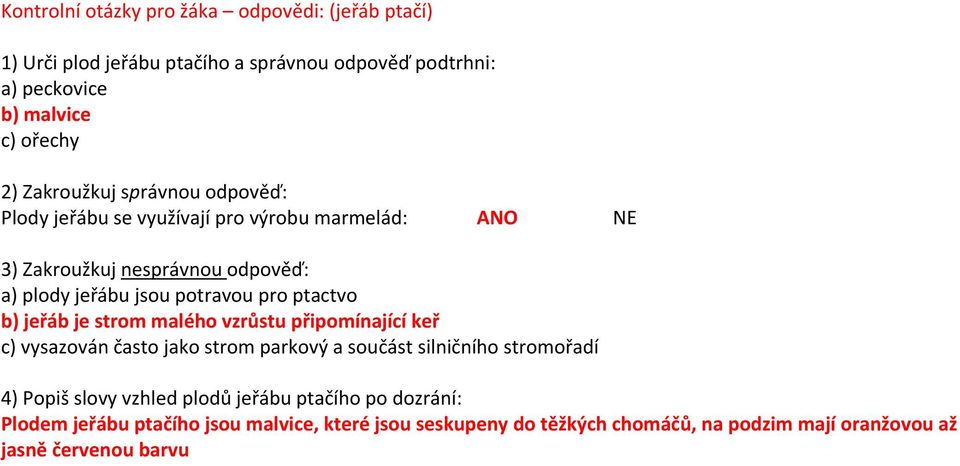 b) jeřáb je strom malého vzrůstu připomínající keř c) vysazován často jako strom parkový a součást silničního stromořadí 4) Popiš slovy vzhled plodů