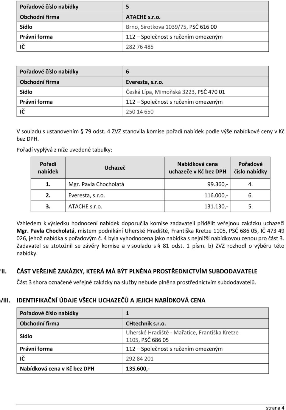 Pavla Chocholatá 99.360,- 4. 2. Everesta, s.r.o. 116.000,- 6. 3. ATACHE s.r.o. 131.130,- 5. Vzhledem k výsledku hodnocení nabídek doporučila komise zadavateli přidělit veřejnou zakázku uchazeči Mgr.