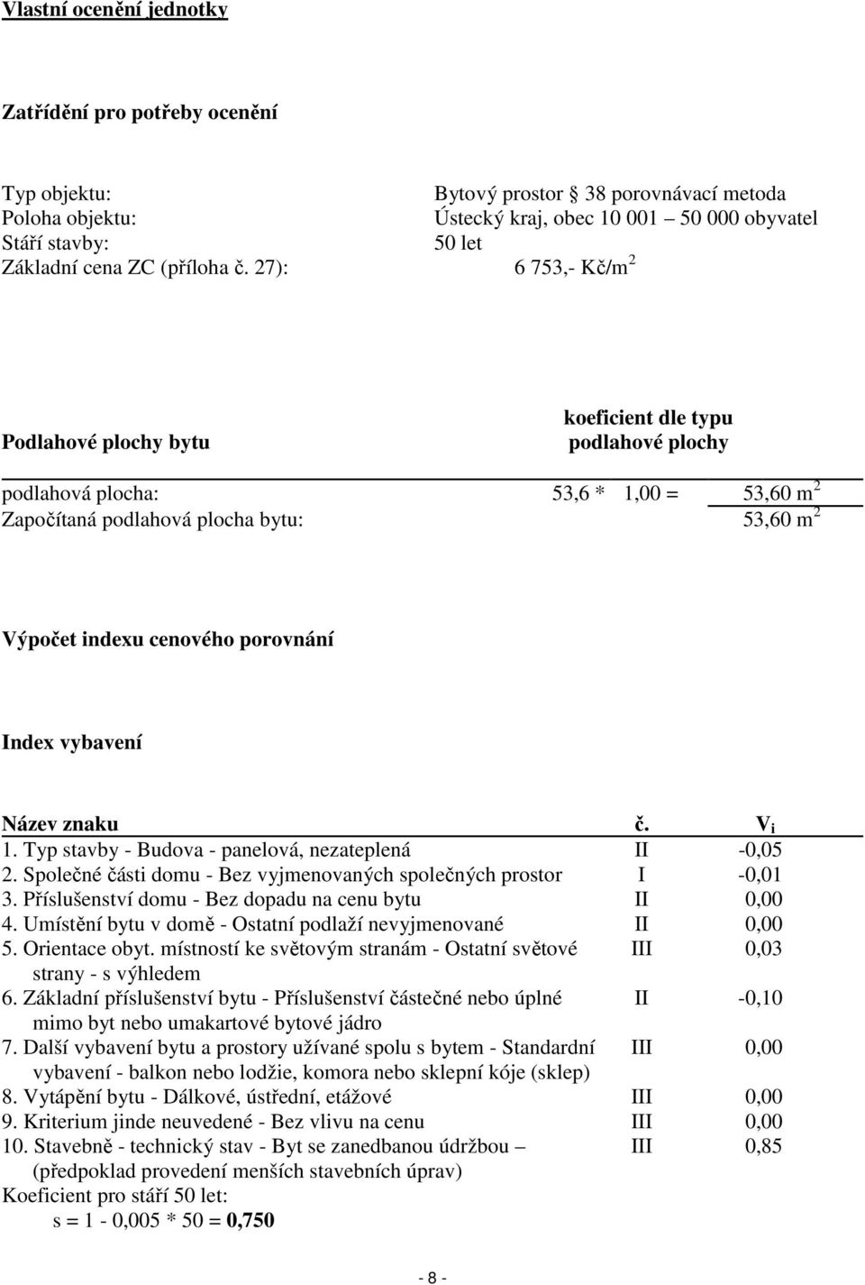 27): 6 753,- Kč/m 2 Podlahové plochy bytu koeficient dle typu podlahové plochy podlahová plocha: 53,6 * 1,00 = 53,60 m 2 Započítaná podlahová plocha bytu: 53,60 m 2 Výpočet indexu cenového porovnání