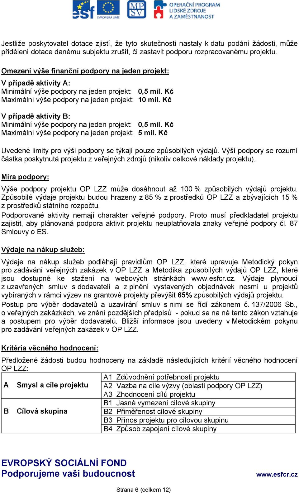 Kč V případě aktivity B: Minimální výše podpory na jeden projekt: 0,5 mil. Kč Maximální výše podpory na jeden projekt: 5 mil. Kč Uvedené limity pro výši podpory se týkají pouze způsobilých výdajů.