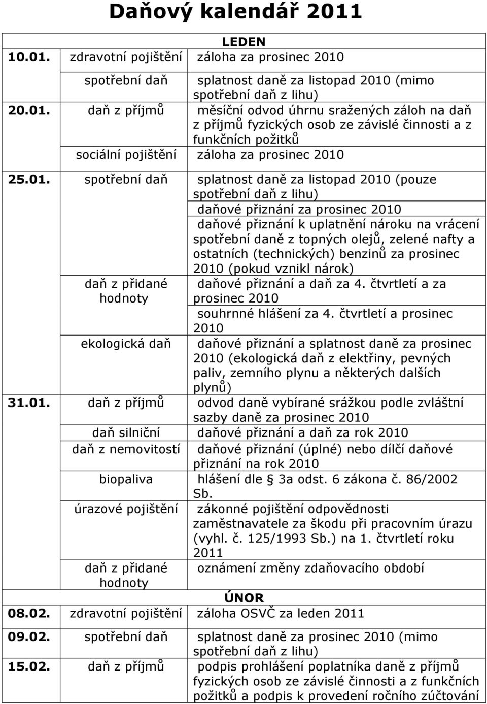 čtvrtletí a prosinec 2010 daňové přiznání a splatnost daně za prosinec 2010 ( z elektřiny, pevných sazby daně za prosinec 2010 daň silniční daňové přiznání a daň za rok 2010 daň z nemovitostí daňové