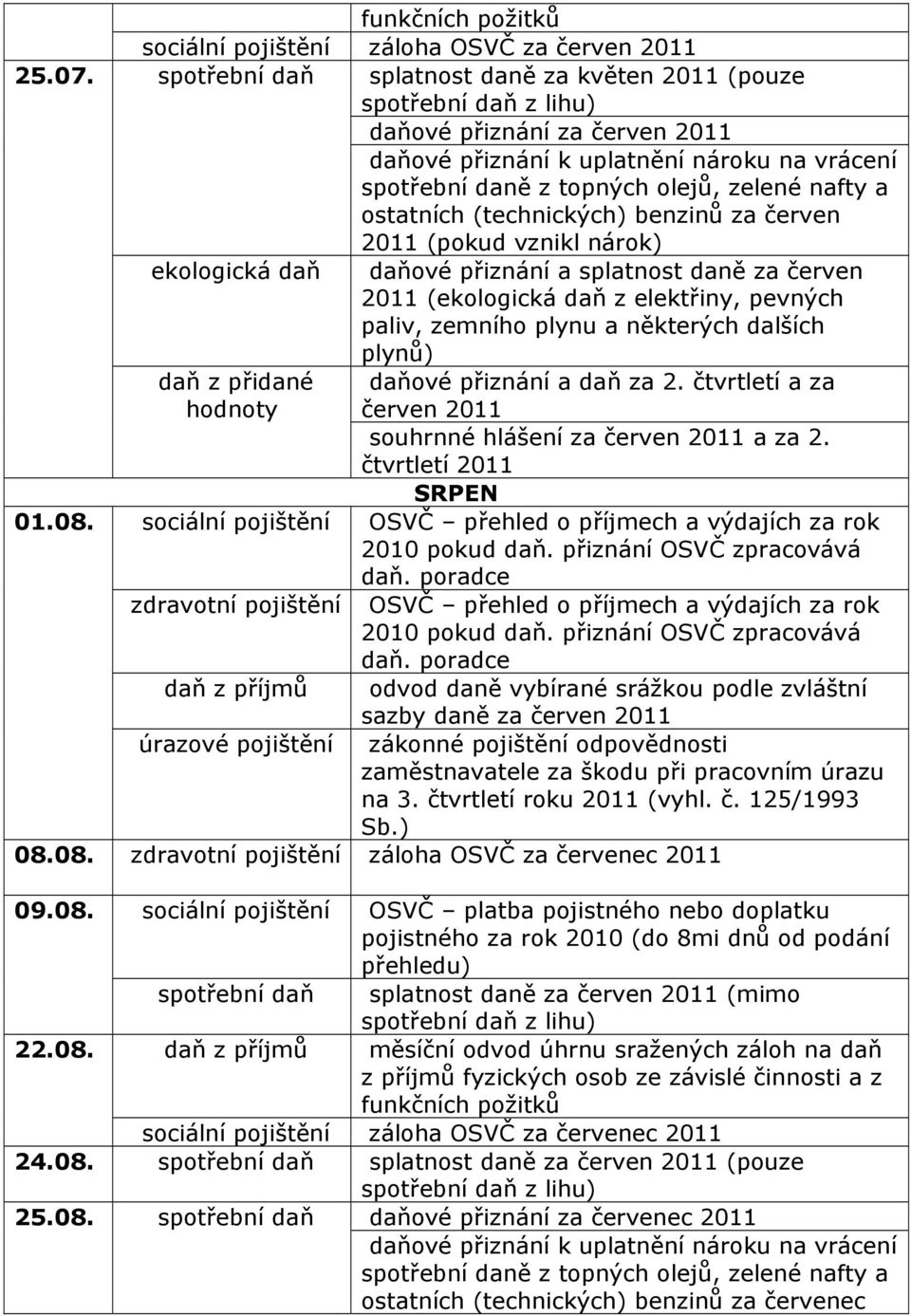 daň za 2. čtvrtletí a za červen 2011 souhrnné hlášení za červen 2011 a za 2. čtvrtletí 2011 SRPEN 01.08. sociální pojištění OSVČ přehled o příjmech a výdajích za rok 2010 pokud daň.