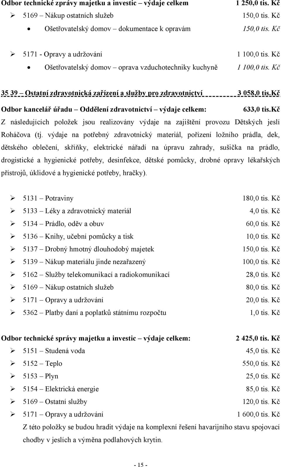 kč Odbor kancelář úřadu Oddělení zdravotnictví výdaje celkem: 633,0 tis.kč Z následujících položek jsou realizovány výdaje na zajištění provozu Dětských jeslí Roháčova (tj.
