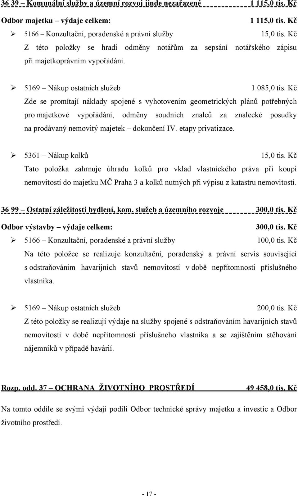 Kč Zde se promítají náklady spojené s vyhotovením geometrických plánů potřebných pro majetkové vypořádání, odměny soudních znalců za znalecké posudky na prodávaný nemovitý majetek dokončení IV.