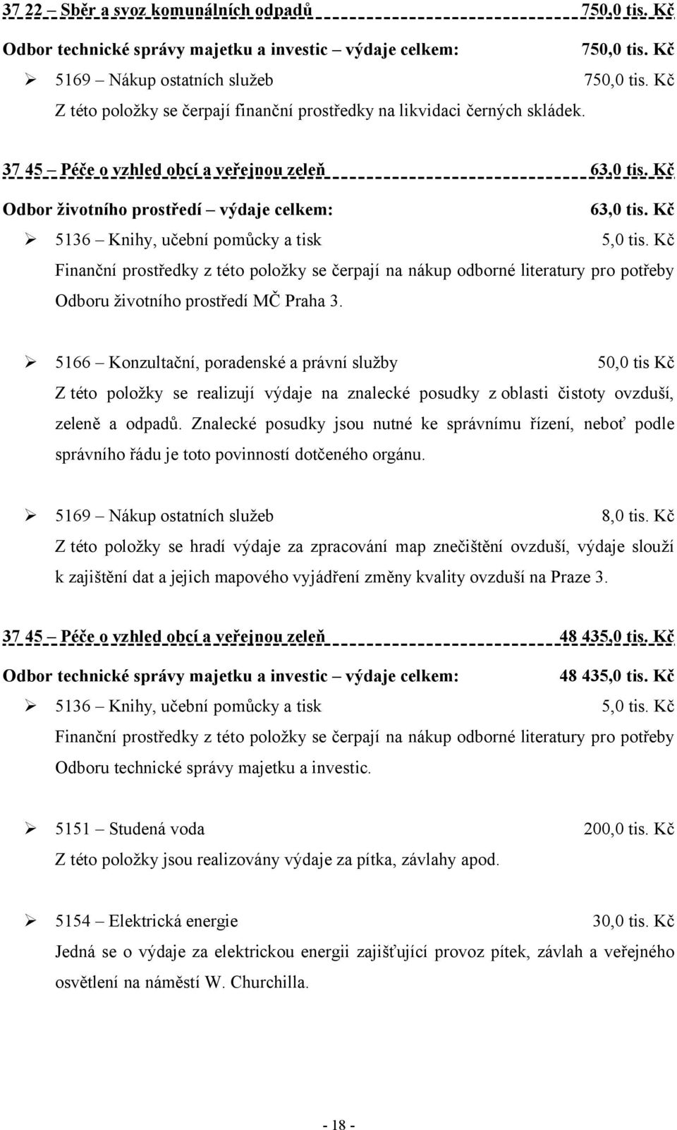 Kč 5136 Knihy, učební pomůcky a tisk 5,0 tis. Kč Finanční prostředky z této položky se čerpají na nákup odborné literatury pro potřeby Odboru životního prostředí MČ Praha 3.