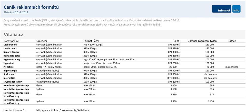 CPT 390 Kč 100 000 Rectangle petit celý web (včetně titulky) 350 x 100 px CPT 250 Kč 100 000 Hypertext + logo celý web (včetně titulky) logo 80 x 60 px, nadpis max 35 zn., text max 70 zn.