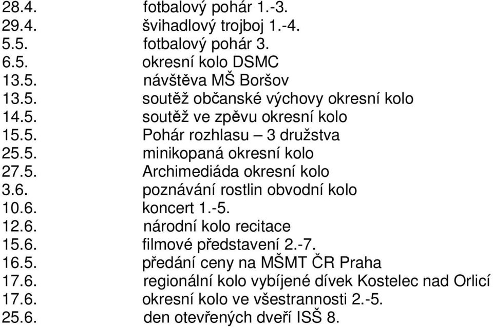 poznávání rostlin obvodní kolo 10.6. koncert 1.-5. 12.6. národní kolo recitace 15.6. filmové pedstavení 2.-7. 16.5. pedání ceny na MŠMT R Praha 17.