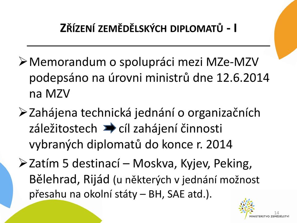 2014 na MZV Zahájena technická jednání o organizačních záležitostech cíl zahájení činnosti