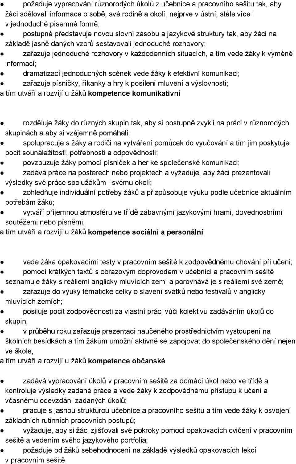 žáky k výměně informací; dramatizací jednoduchých scének vede žáky k efektivní komunikaci; zařazuje písničky, říkanky a hry k posílení mluvení a výslovnosti; a tím utváří a rozvíjí u žáků kompetence