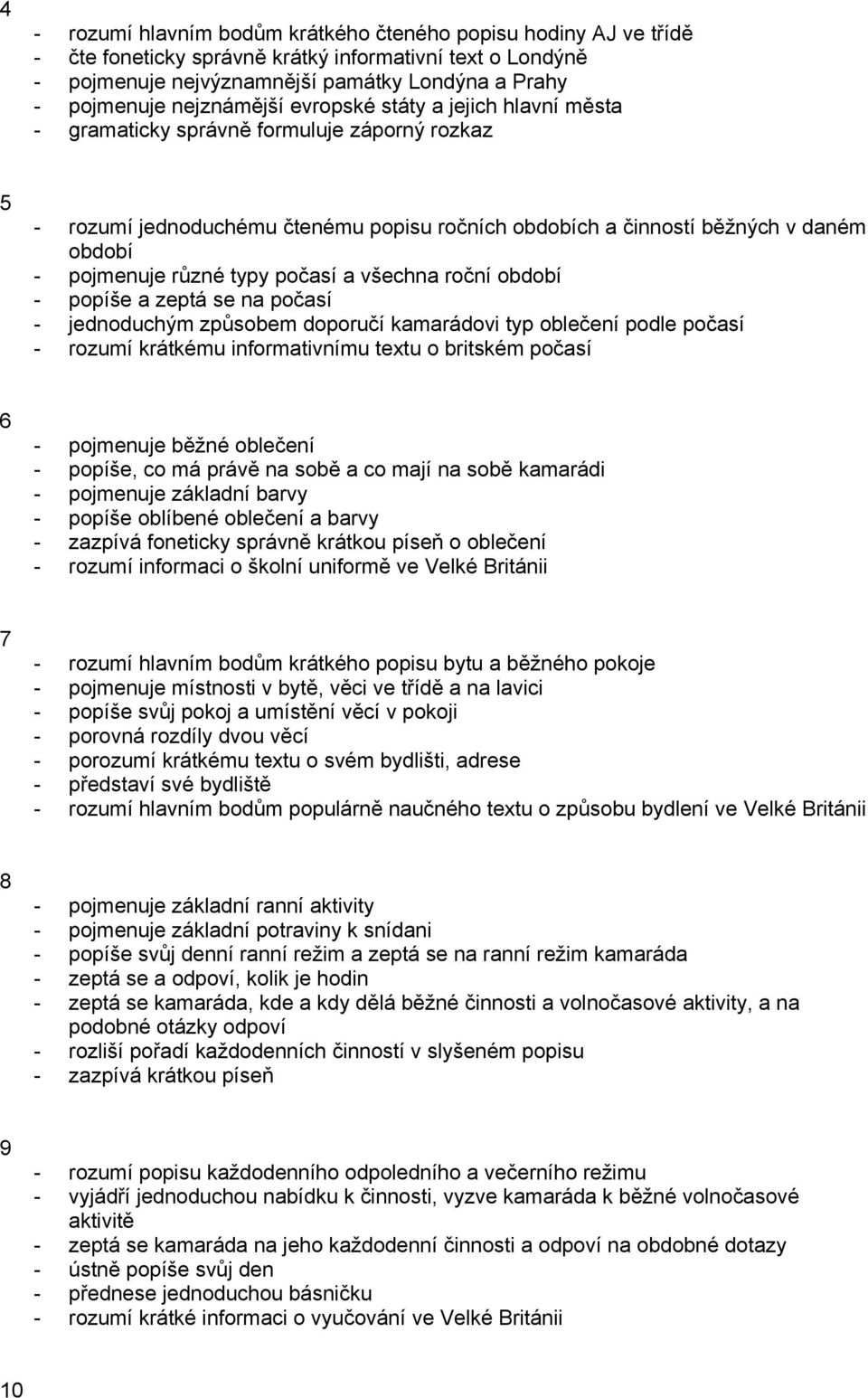 různé typy počasí a všechna roční období - popíše a zeptá se na počasí - jednoduchým způsobem doporučí kamarádovi typ oblečení podle počasí - rozumí krátkému informativnímu textu o britském počasí 6