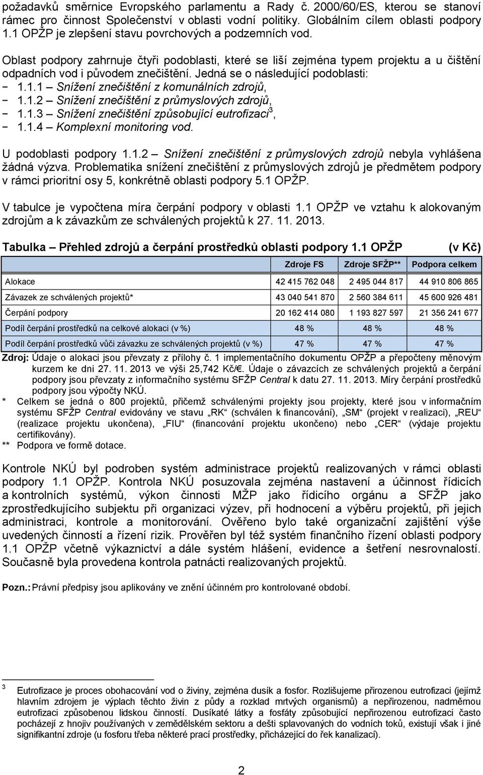 Jedná se o následující podoblasti: 1.1.1 Snížení znečištění z komunálních zdrojů, 1.1.2 Snížení znečištění z průmyslových zdrojů, 1.1.3 Snížení znečištění způsobující eutrofizaci 3, 1.1.4 Komplexní monitoring vod.