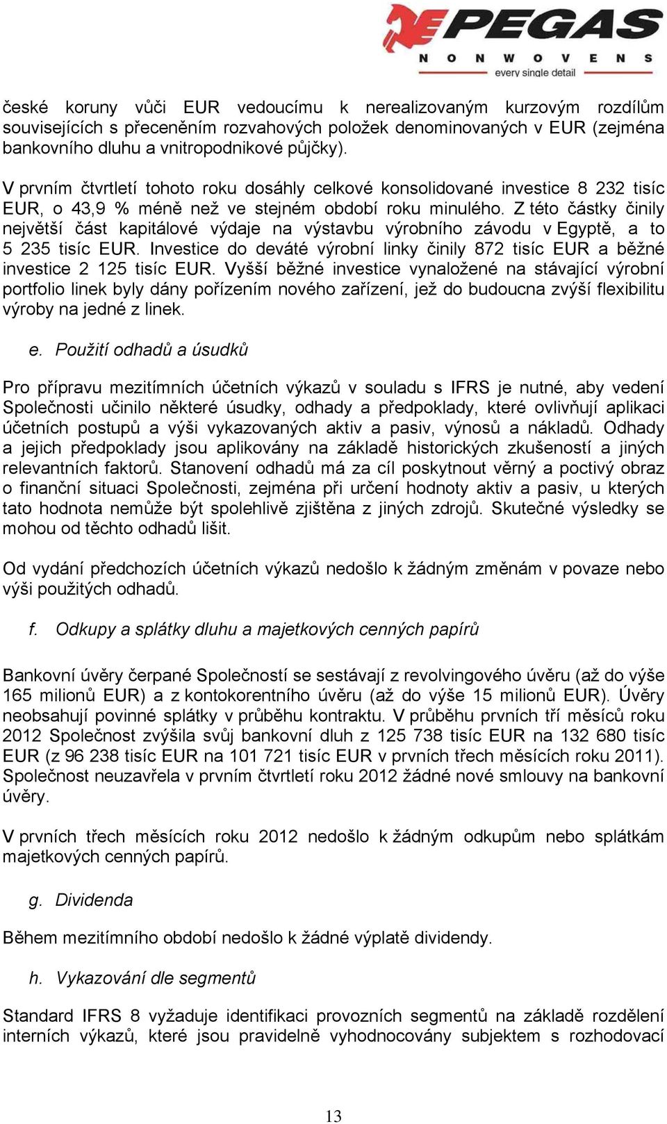 Z této částky činily největší část kapitálové výdaje na výstavbu výrobního závodu v Egyptě, a to 5 235 tisíc EUR.