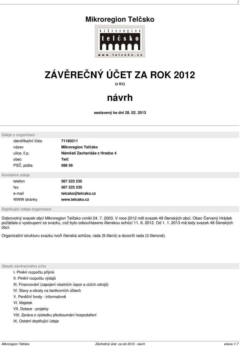 telcsko.cz www.telcsko.cz Dobrovolný svazek obcí Mikroregion Telčsko vznikl 24. 7. 2003. V roce 2012 měl svazek 49 členských obcí.