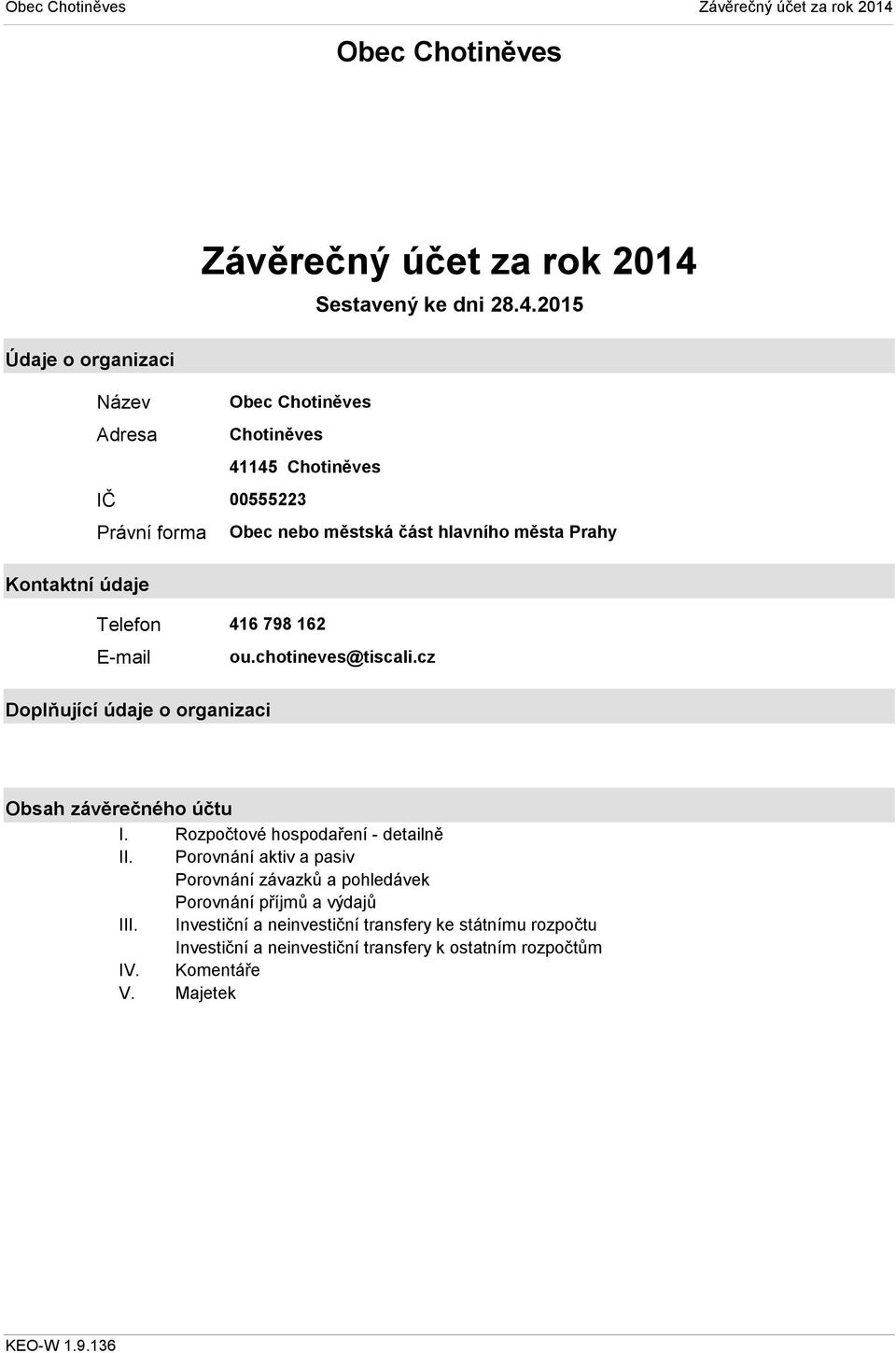 2015 Název Adresa IČ Právní forma Obec Chotiněves Chotiněves 41145 Chotiněves 00555223 Obec nebo městská část hlavního města Prahy Kontaktní údaje