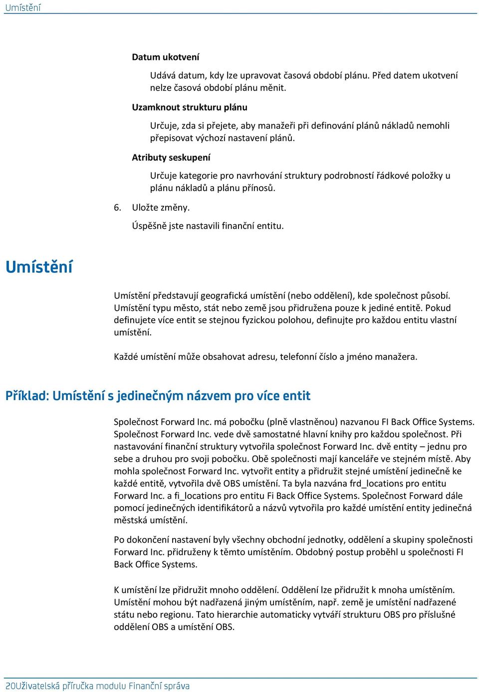 Atributy seskupení Určuje kategorie pro navrhování struktury podrobností řádkové položky u plánu nákladů a plánu přínosů. 6. Uložte změny. Úspěšně jste nastavili finanční entitu.