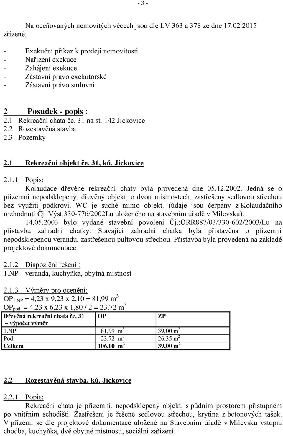 142 Jickovice 2.2 Rozestavěná stavba 2.3 Pozemky 2.1 Rekreační objekt če. 31, kú. Jickovice 2.1.1 Popis: Kolaudace dřevěné rekreační chaty byla provedená dne 05.12.2002.