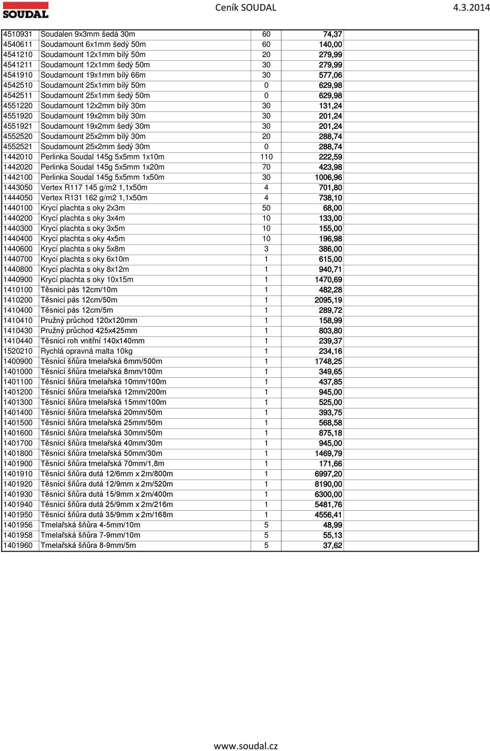 201,24 4551921 Soudamount 19x2mm šedý 30m 30 201,24 4552520 Soudamount 25x2mm bílý 30m 20 288,74 4552521 Soudamount 25x2mm šedý 30m 0 288,74 1442010 Perlinka Soudal 145g 5x5mm 1x10m 110 222,59