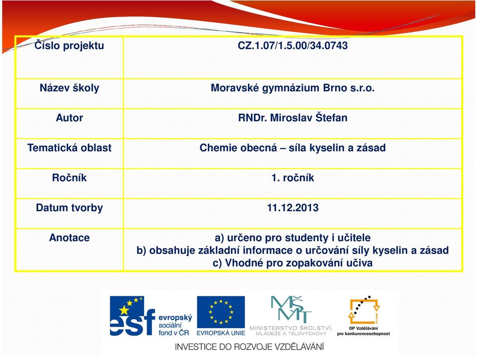 Miroslav Štefan Chemie obecná síla kyselin a zásad 1. ročník Datum tvorby 11.12.