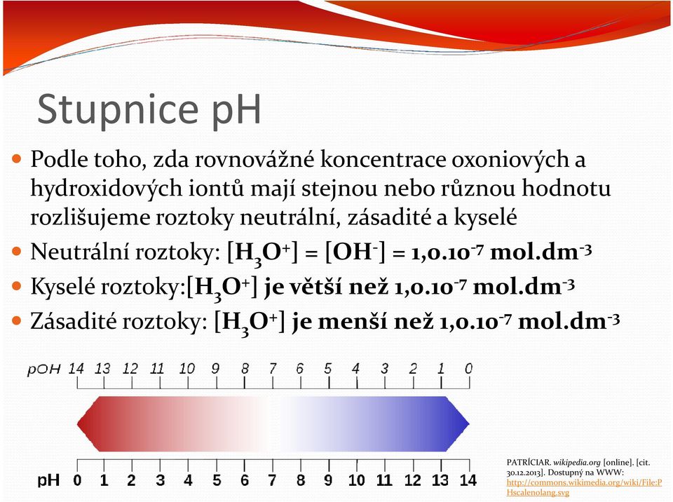 dm -3 Kyselé roztoky:[h 3 O + ] je větší než 1,0.10-7 mol.dm -3 Zásadité roztoky: [H 3 O + ] je menší než 1,0.10-7 mol.dm -3 PATRÍCIAR.