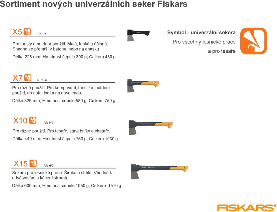 Pro kempování, turistiku, outdoor použití, do auta, lodi a na dovolenou. Délka 326 mm; Hmotnost čepele 580 g; Celkem 750 g X10 121440 Pro různé použití.