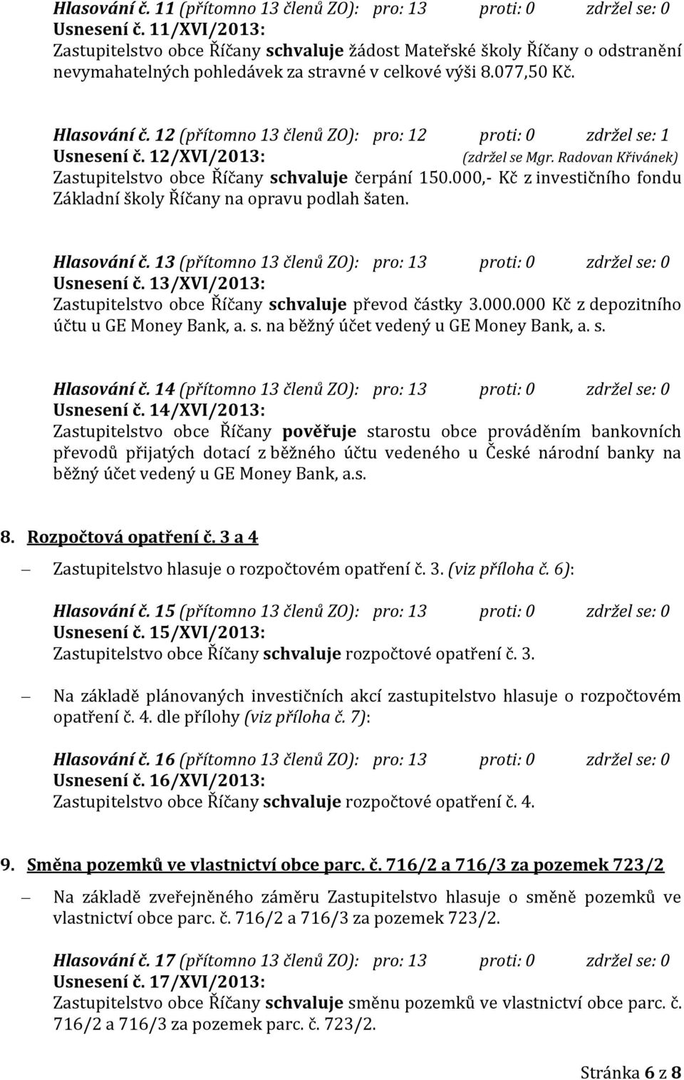 12 (přítomno 13 členů ZO): pro: 12 proti: 0 zdržel se: 1 Usnesení č. 12/XVI/2013: (zdržel se Mgr. Radovan Křivánek) Zastupitelstvo obce Říčany schvaluje čerpání 150.