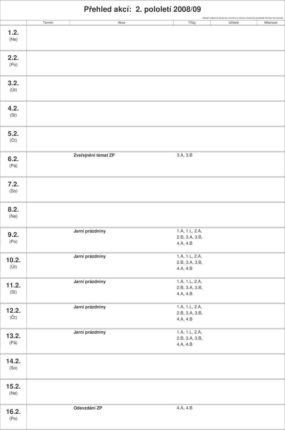 Humanitas Termín Akce Tídy Uitelé Místnosti 1.2. 2.2. 3.2. 4.2. 5.2. 6.2. Zveejnní témat ZP 3.