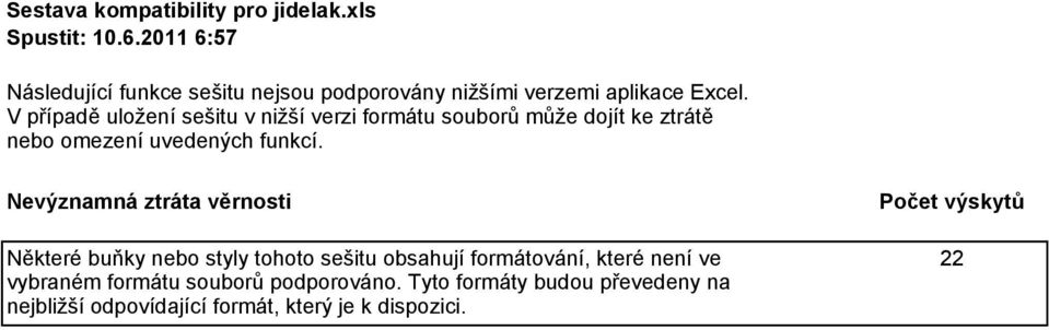 V případě uložení sešitu v nižší verzi formátu souborů může dojít ke ztrátě nebo omezení uvedených funkcí.