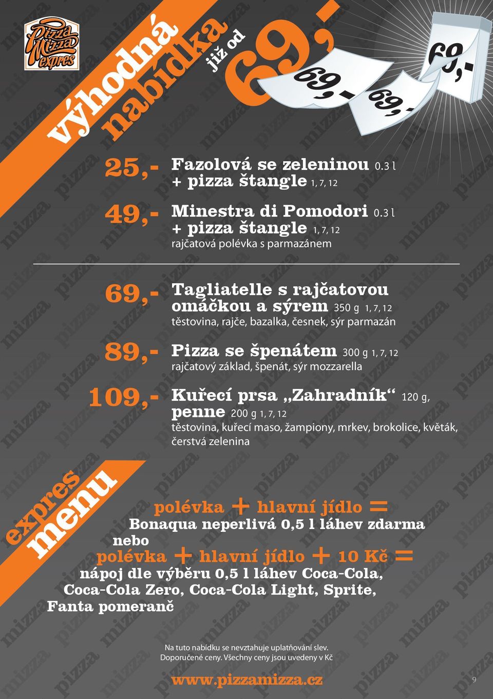 bazalka, česnek, sýr parmazán Pizza se špenátem 300 g 1, 7, 12 rajčatový základ,