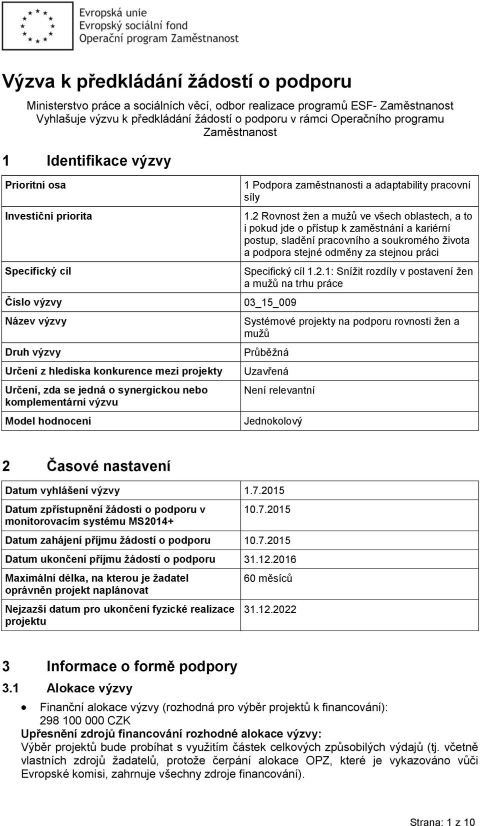 nebo komplementární výzvu Model hodnocení 1 Podpora zaměstnanosti a adaptability pracovní síly 1.