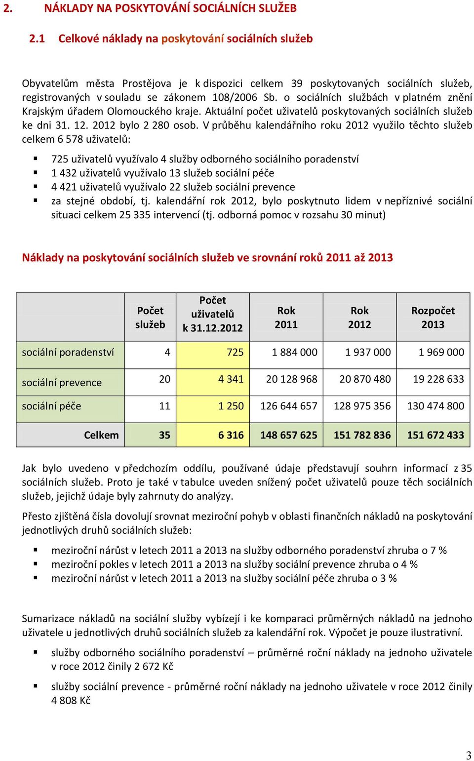 o sociálních službách v platném znění Krajským úřadem Olomouckého kraje. Aktuální počet uživatelů poskytovaných sociálních služeb ke dni 31. 12. 2012 bylo 2 280 osob.