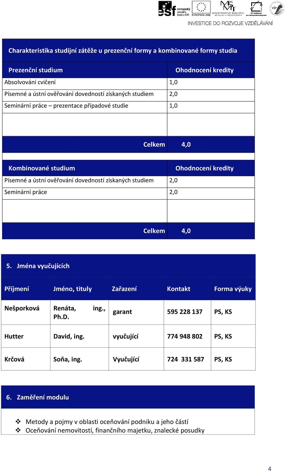 práce 2,0 Celkem 4,0. Jména vyučujících Příjmení, tituly Zařazení Kontakt Forma výuky šporková Renáta, ing., Ph.D. garant 9228 137 PS, KS Hutter David, ing.