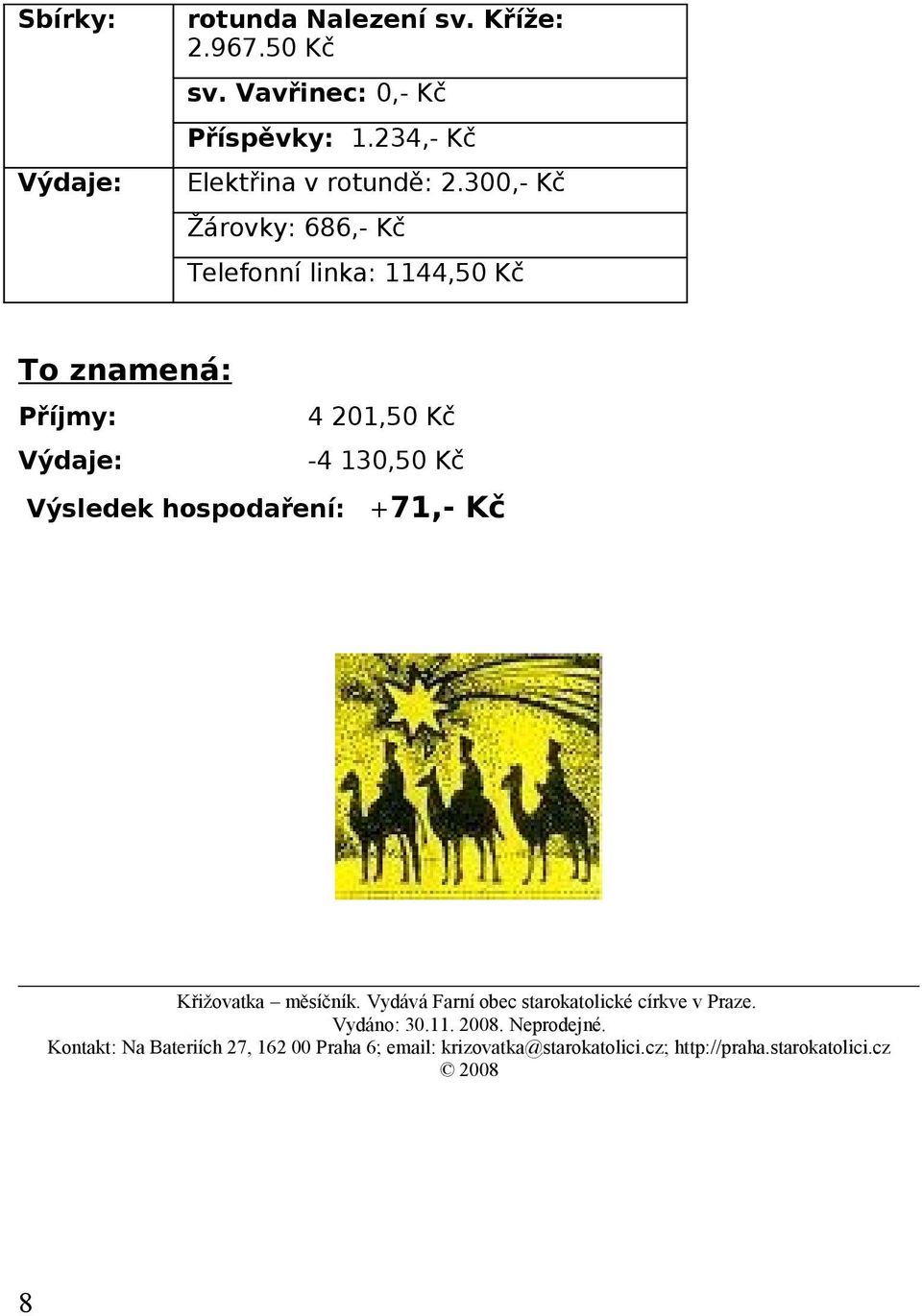 300,- Kč Žárovky: 686,- Kč Telefonní linka: 1144,50 Kč To znamená: Příjmy: 4 201,50 Kč Výdaje: -4 130,50 Kč Výsledek