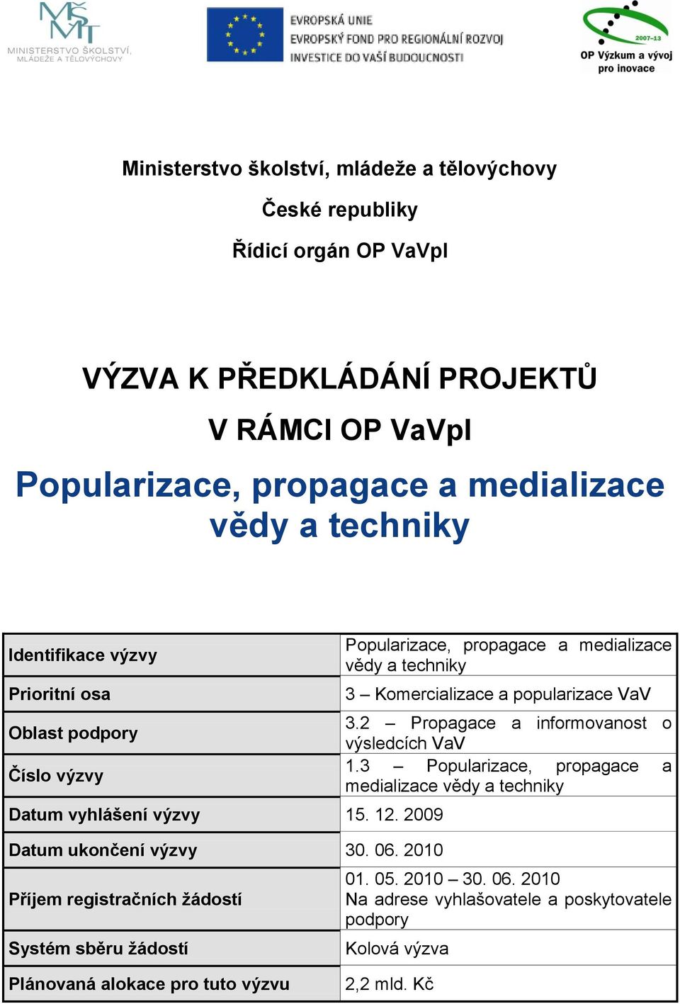 2010 Příjem registračních žádostí Systém sběru žádostí Popularizace, propagace a medializace vědy a techniky 3 Komercializace a popularizace VaV 3.