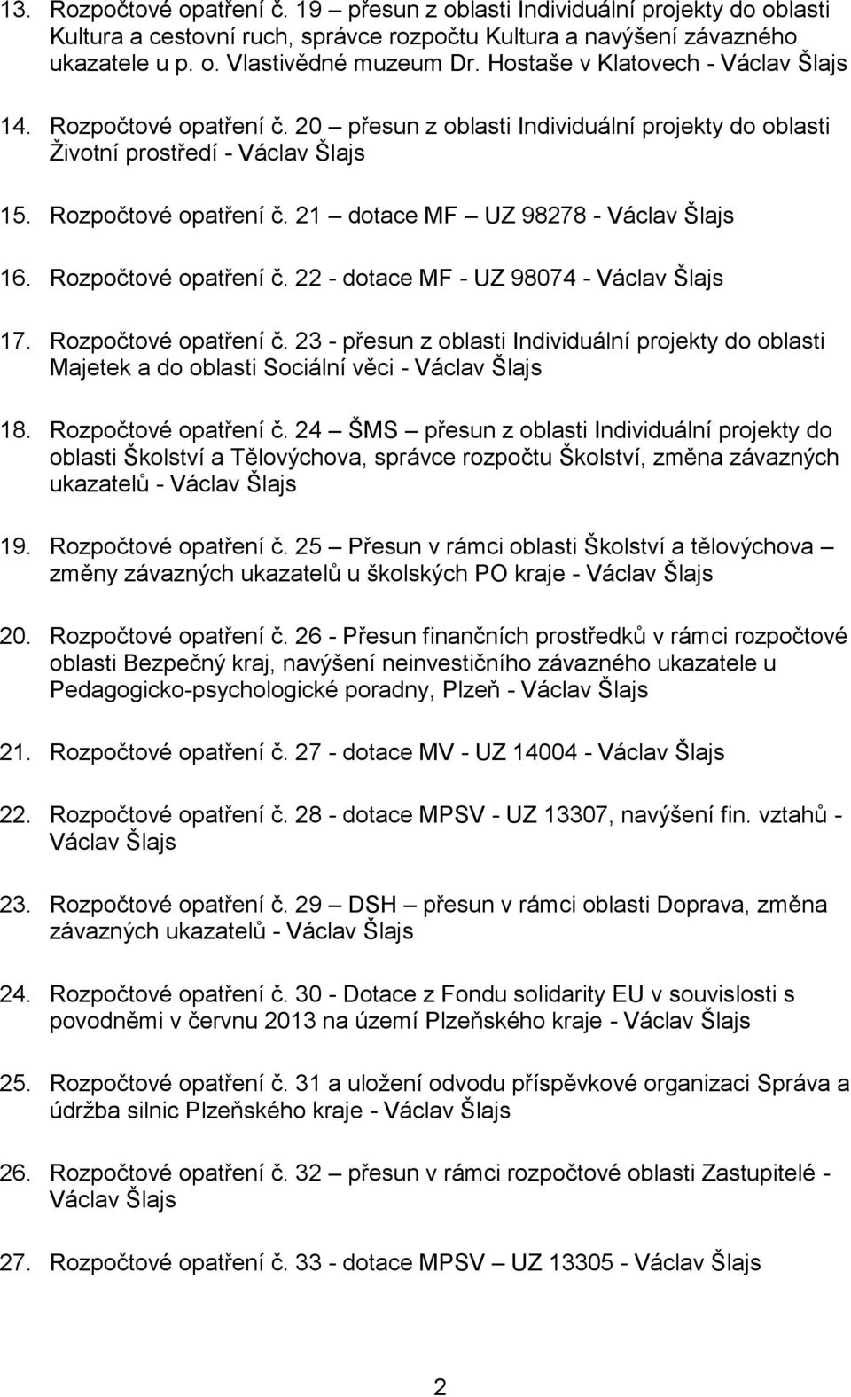 Rozpočtové opatření č. 22 - dotace MF - UZ 98074 - Václav Šlajs 17. Rozpočtové opatření č. 23 - přesun z oblasti Individuální projekty do oblasti Majetek a do oblasti Sociální věci - Václav Šlajs 18.