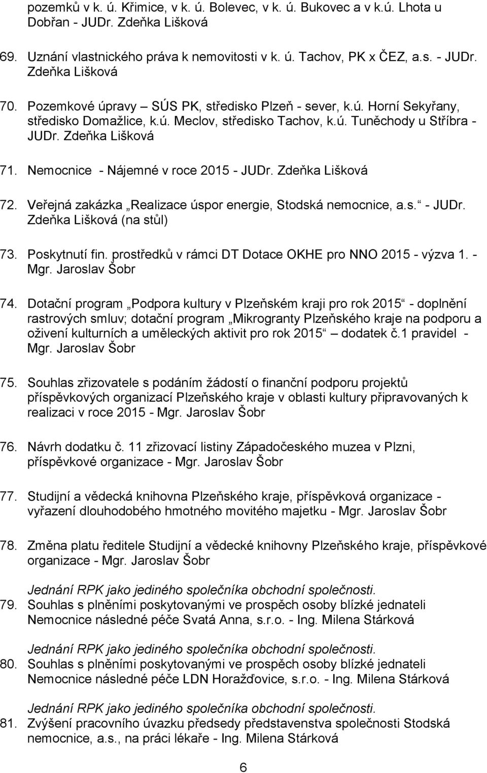 Nemocnice - Nájemné v roce 2015 - JUDr. Zdeňka Lišková 72. Veřejná zakázka Realizace úspor energie, Stodská nemocnice, a.s. - JUDr. Zdeňka Lišková (na stůl) 73. Poskytnutí fin.