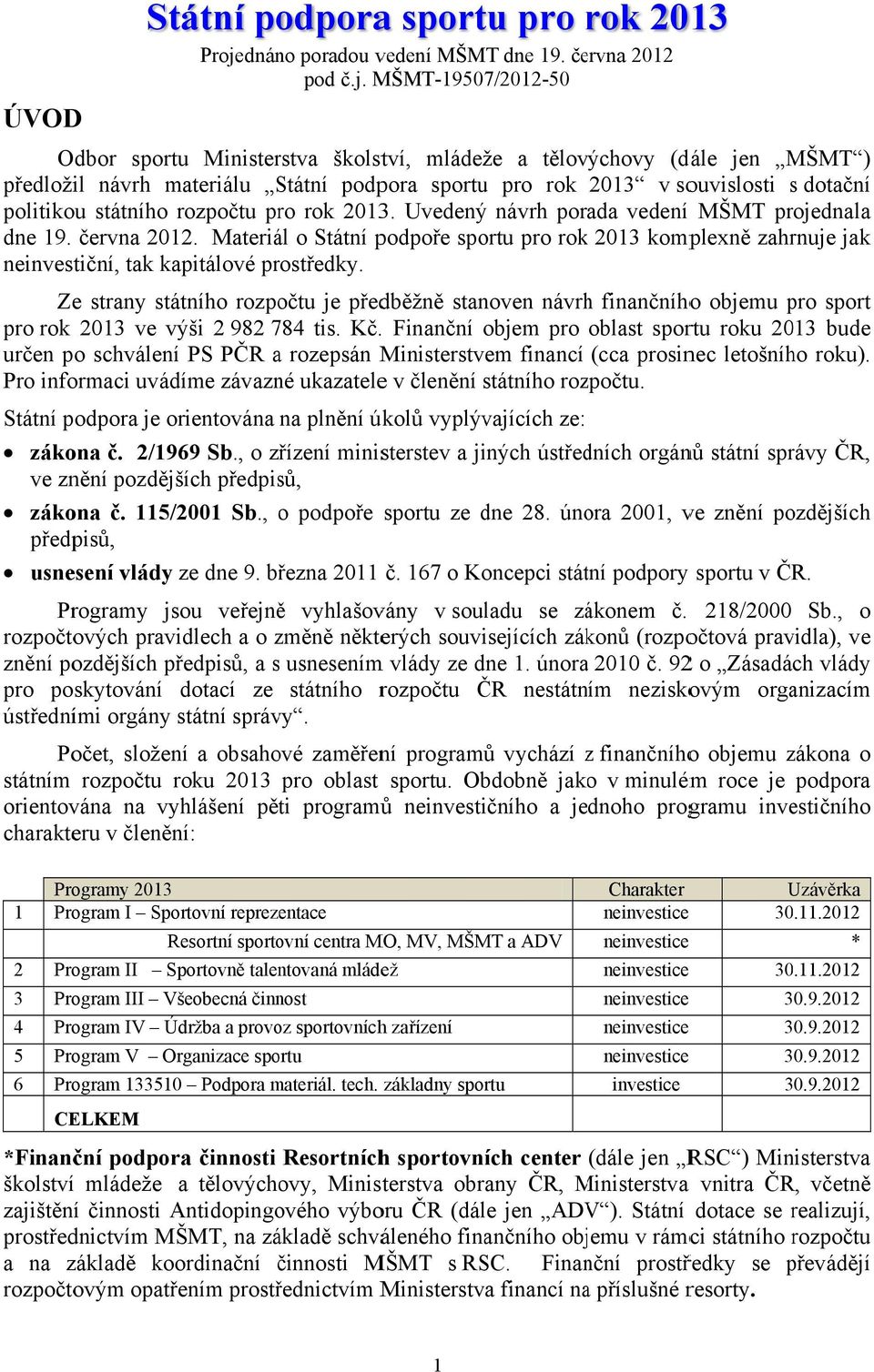 Ze strany státního rozpočtu je předběžně stanoven návrhh finančníhoo objemu pro sport pro rok 2013 ve výši 2 982 784 tis. Kč.